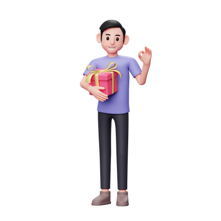 Casual man hugs valentine's gift and shows ok sign on his hand  3D Illustration