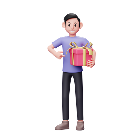 Casual man pointing at the gift he brought with his left hand to give to his girlfriend on valentine's day  3D Illustration