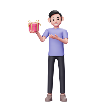 Casual man showing a small valentine gift he is holding with his right hand  3D Illustration