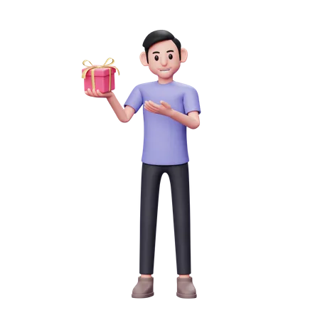 Casual man showing a small valentine gift he is holding with his right hand  3D Illustration