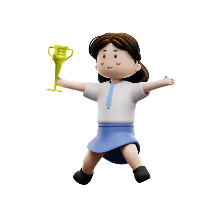 Cheerful student holding trophy  3D Illustration