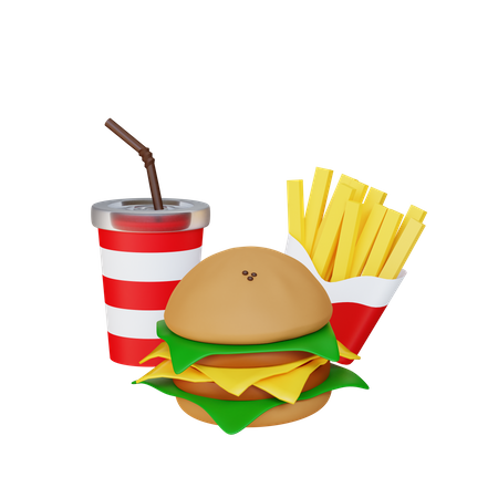 Cheeseburger, Pommes Frites und Softdrink  3D Illustration