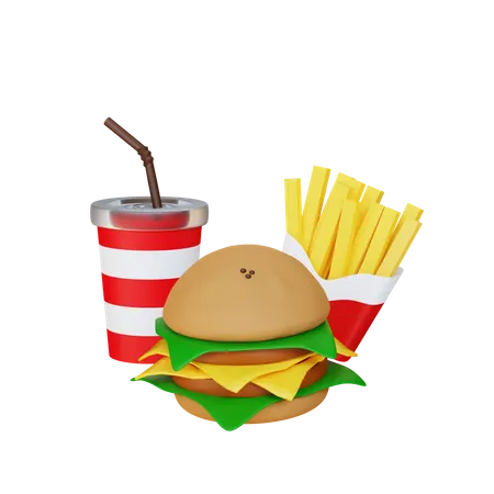 Cheeseburger, Pommes Frites und Softdrink  3D Illustration