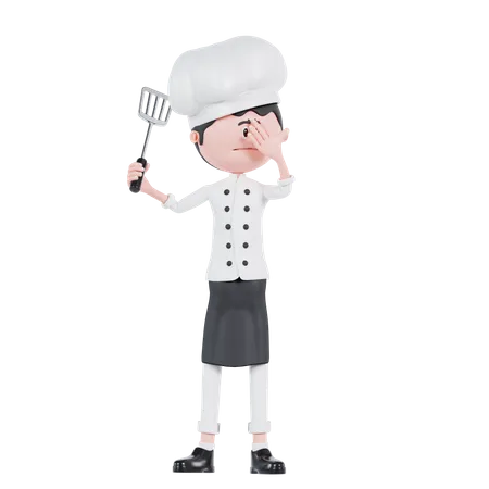 Chef confundido con sostener una espátula  3D Illustration