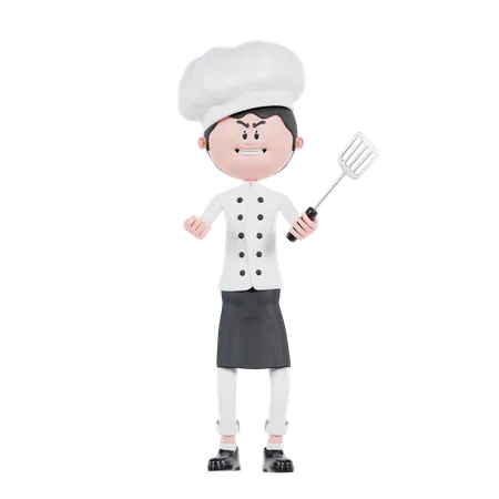 Pose enojada del chef con espátula  3D Illustration