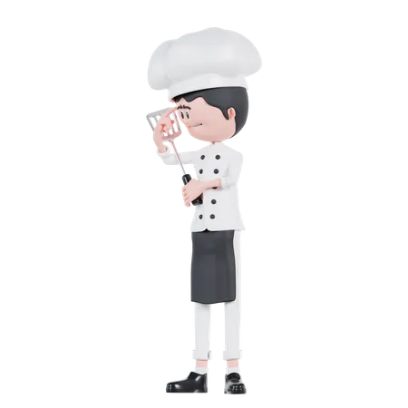 Chef sosteniendo una espátula pensando  3D Illustration