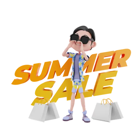 Chico promocionando rebajas de verano.  3D Illustration