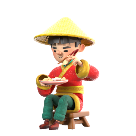 Chinese man eating Chinese dumpling  3D Illustration