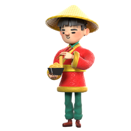 Chinese man eating noodles  3D Illustration