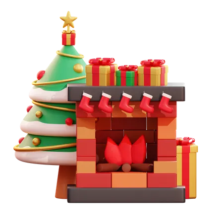 Christmas Tree And Fireplace  3D Illustration