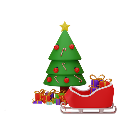 Christmas Tree With Gift And santa sleigh  3D Illustration