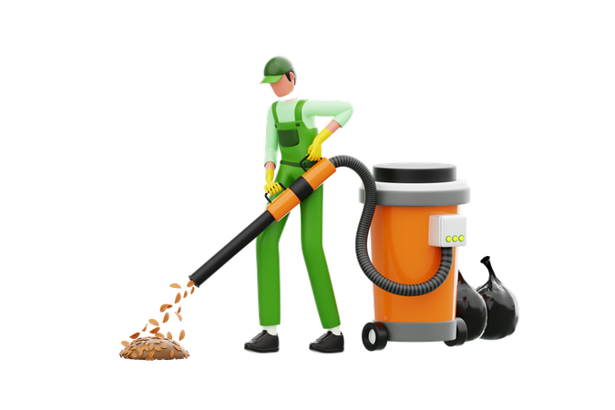 Cleaning Staff Collecting Garbage With Vacuum Cleaner  3D Illustration