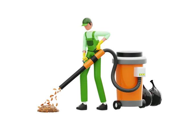 Cleaning Staff Collecting Garbage With Vacuum Cleaner  3D Illustration