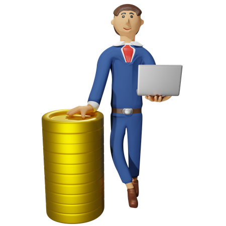 Coins with businessman holding a laptop  3D Illustration