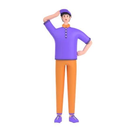 Confused boy holding hands on waist pose  3D Illustration