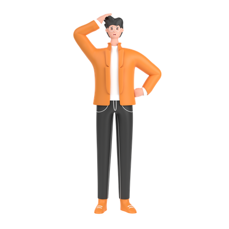 Confused boy holding hands on waist pose  3D Illustration