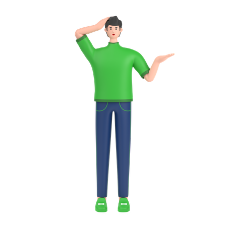 Confused boy open palm showing copy space and holding hand on head  3D Illustration