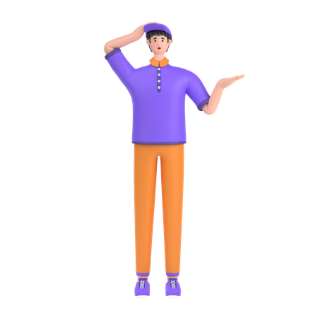 Confused boy open palm showing copy space and holding hand on head  3D Illustration