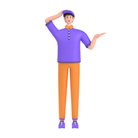 Confused boy open palm showing copy space and holding hand on head  3D Illustration