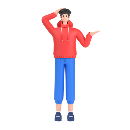 Confused boy open palm showing copy space and holding hand on head  3D Illustration