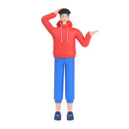 Confused boy open palm showing copy space and holding hand on head  3D Illustration