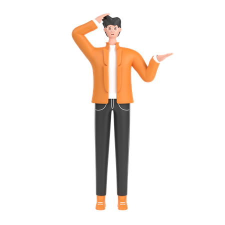 Confused boy open palm showing copy space and holding hand on head  3D Illustration