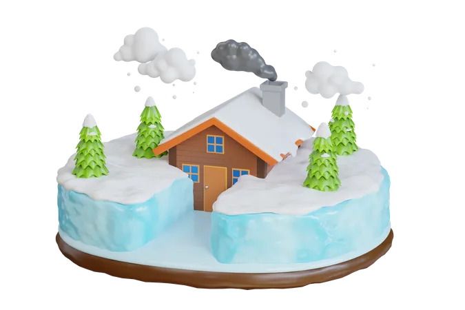 Construção de casa na floresta coberta de neve  3D Illustration