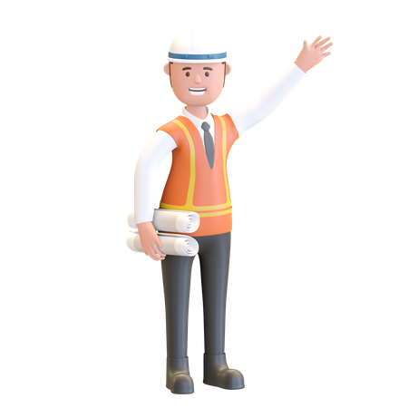 Construction manager holding blue print project plan  3D Illustration