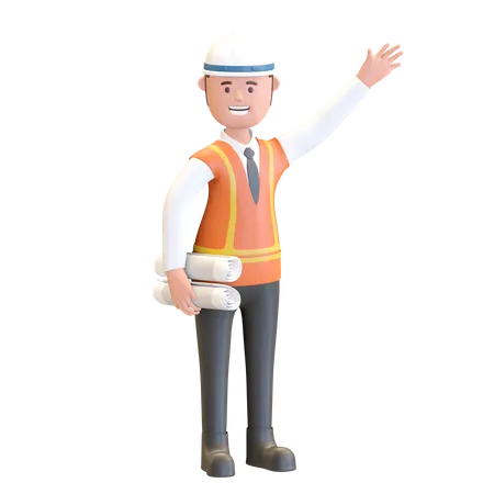 Construction manager holding blue print project plan  3D Illustration