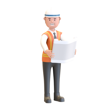 Construction manager holding blue print project plan  3D Illustration