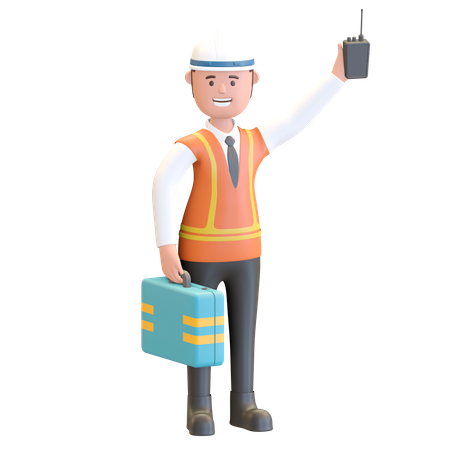 Construction manager holding briefcase and walkie talkie  3D Illustration