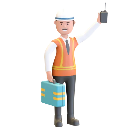 Construction manager holding briefcase and walkie talkie  3D Illustration