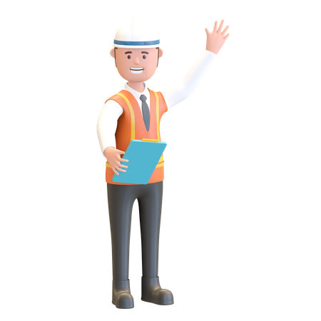 Construction manager holding note and waving hand  3D Illustration