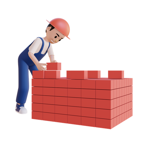 Construction worker building wall  3D Illustration