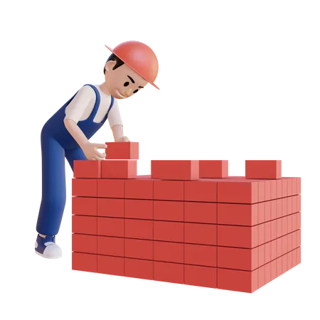 Construction worker building wall  3D Illustration