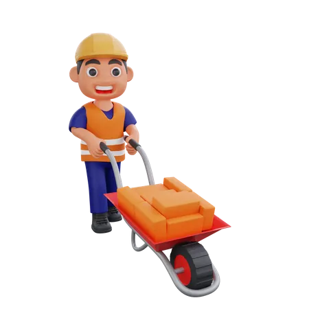 Construction worker pushing Brick Loader  3D Illustration