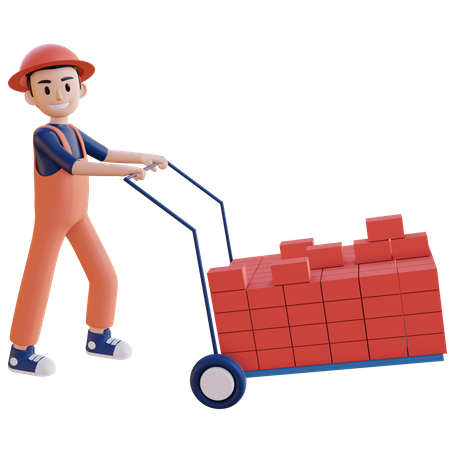 Construction worker pushing Brick Loader  3D Illustration