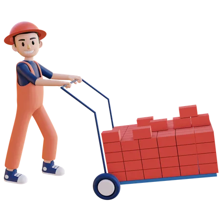 Construction worker pushing Brick Loader  3D Illustration