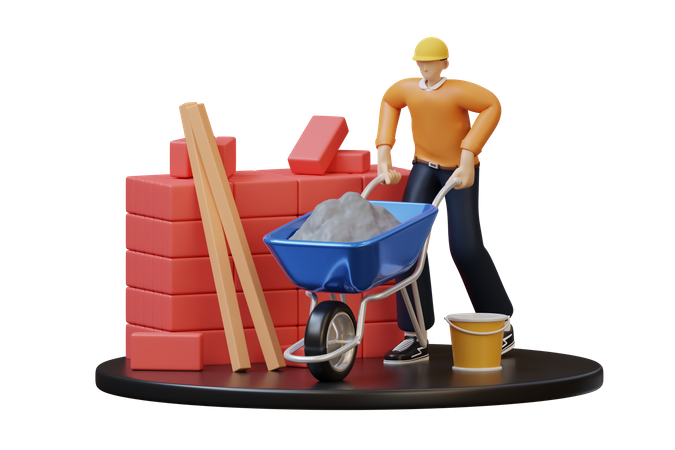 Construction worker pushing trolley  3D Illustration