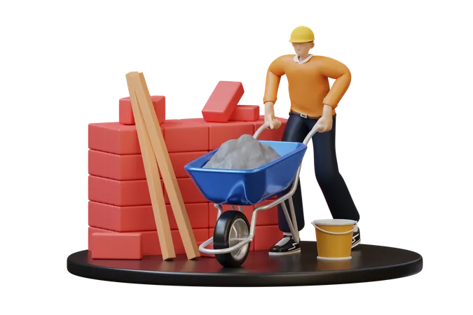 Construction worker pushing trolley  3D Illustration