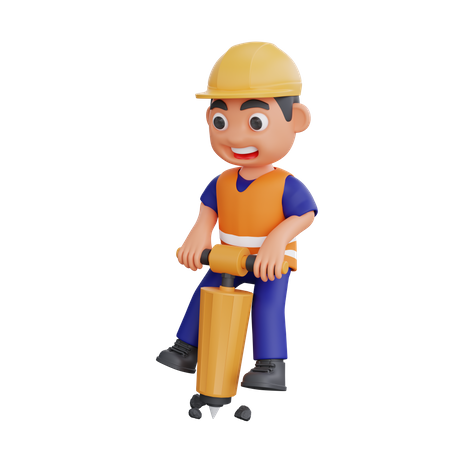 Construction worker using drill machine  3D Illustration