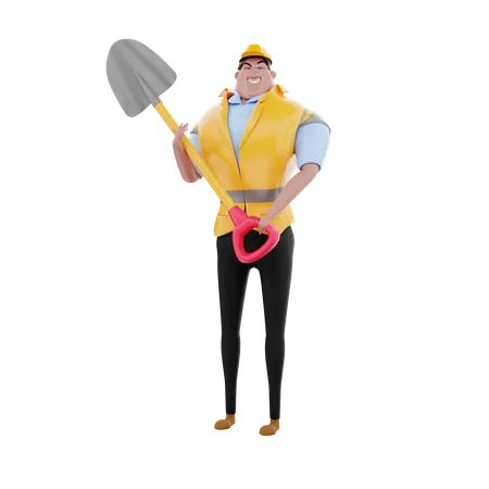 Construction worker with shovel  3D Illustration