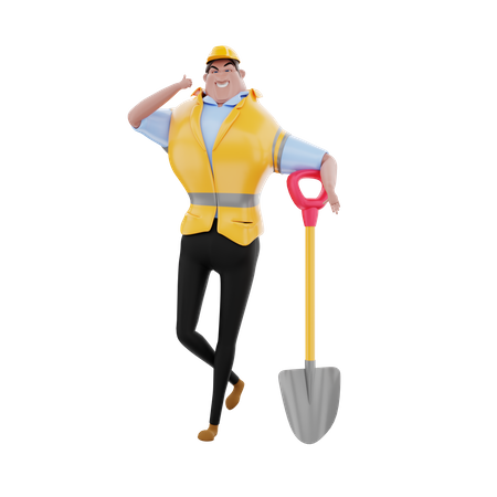 Construction worker with shovel  3D Illustration