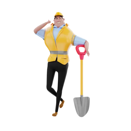 Construction worker with shovel  3D Illustration