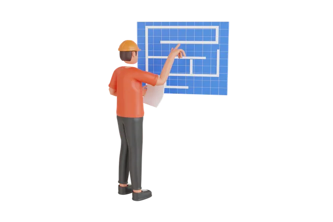 Contractor Looking Blue Print 3 D Illustration  3D Illustration