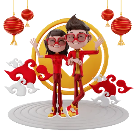 Couple celebrating Chinese new year  3D Illustration