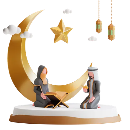 Un couple musulman prie pendant le Ramadan  3D Illustration