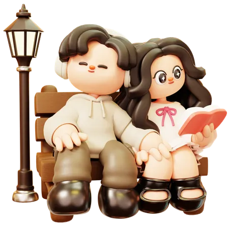 Couple Sitting On Park Bench  3D Illustration