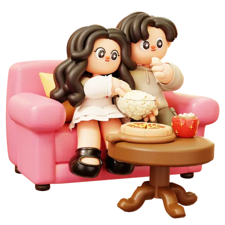 Couple Watching Movie And Holding Popcorn  3D Illustration