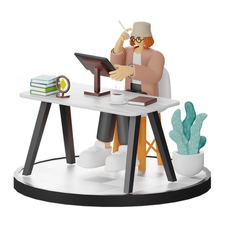 Creative Woman With Computer In Clean Workspace Seeking Inspiration  3D Illustration